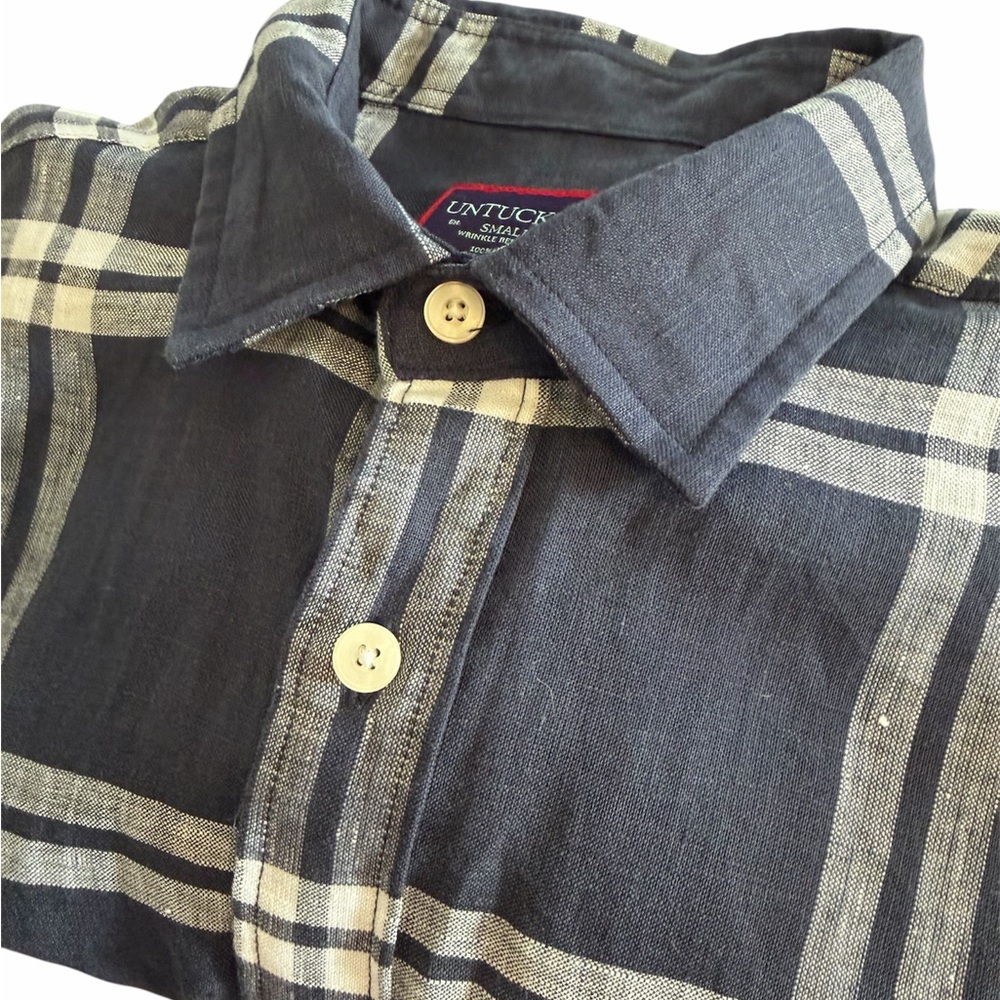 UNTUCKit Small 100% Linen Long Sleeve Blue White Plaid Button Down Shirt